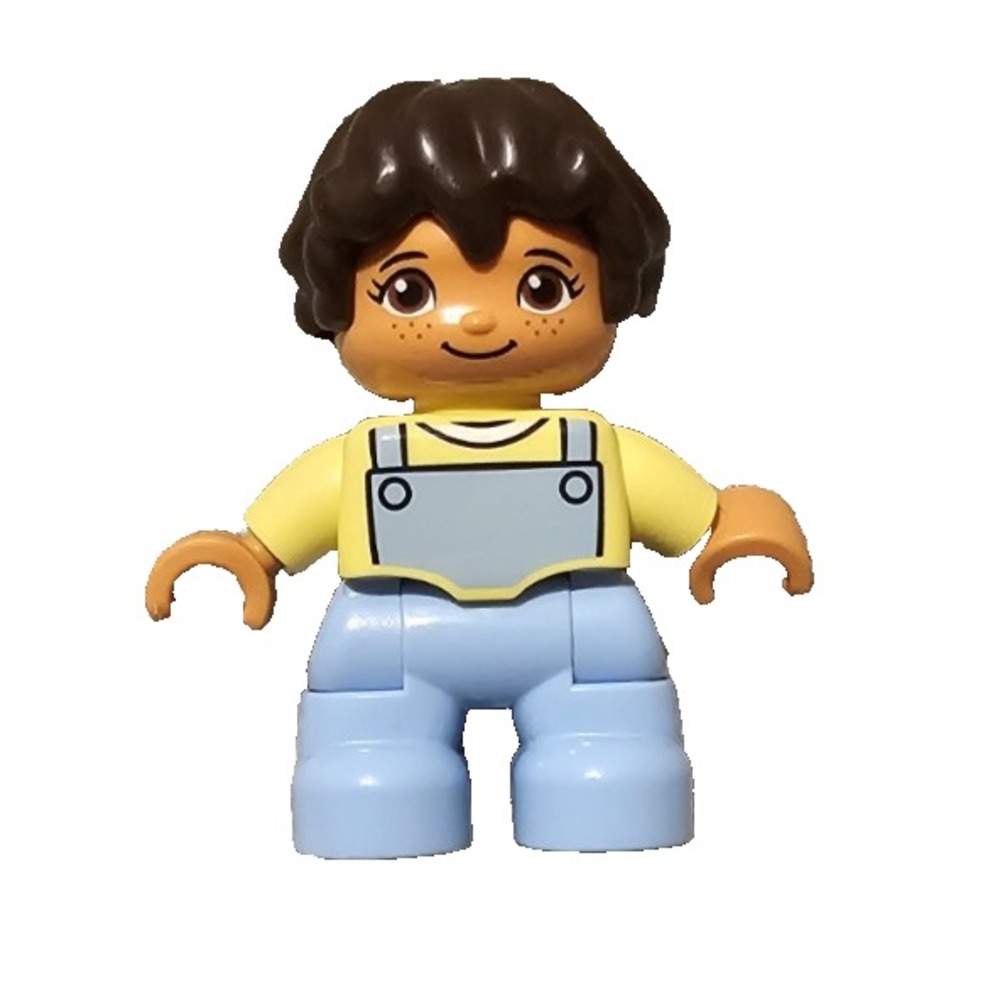 Lego Duplo Figure Kid Girl Drk Brown Hair Yellow Shirt Blue Overalls Excellent